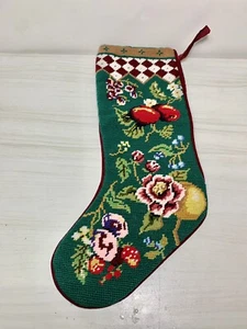 Pretty FRUIT & FLORAL Needlepoint Wool Christmas Stocking Red Velvet Back 17.5” - Picture 1 of 10