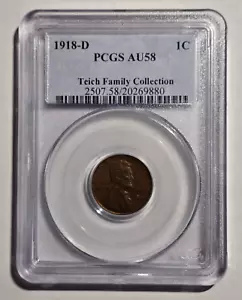 1918-D Lincoln Cent PCGS AU58 Teich Family Collection Everyman Set - Picture 1 of 4