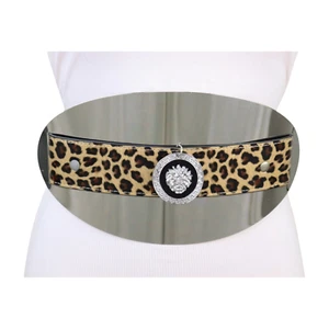 Women Elastic Leopard Special Fashion Belt Silver Oval Plate Metal Lion Coin S M - Picture 1 of 24