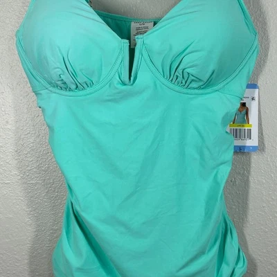 Anne Cole Tankini Top Womens L Aqua UPF 50 Lined Built In Bra Swimwear Scoop V - Image 1 of 4