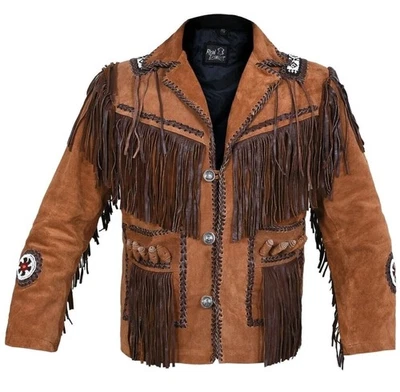Hombres Nativo Americano Occidental Vaquero Gamuza Cuero Abrigo Flecos Huesos Chaqueta con Cuentas Foto 1 de 4