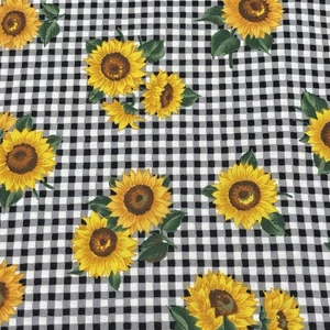 Vtg Cranston Fabric Sunflowers on black & white check Joan Messmore 3 1/4 YDSx44 - Picture 1 of 9