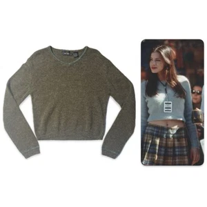 Vintage 90’s Cropped V Neck Olive Green Silk Fuzzy Sweater Denial As Seen On - Picture 1 of 9