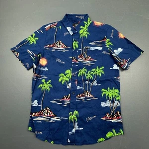 Volcom Button Up Shirt Boys M 10/12 Blue Hawaiian Aloha Palm Tree Graphic Surf - Picture 1 of 9