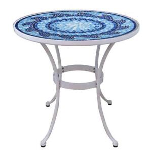 StyleWell Patio Bistro Table 28 In. Round Coastal Glass Mosaic Top Steel Frame