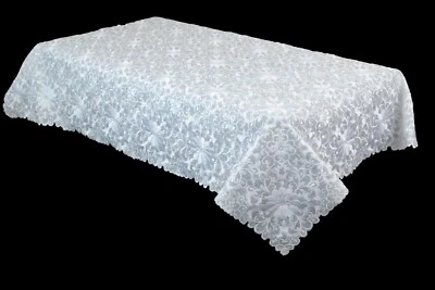 72x144" White Embroidery Embroidered Polyester Tablecloth Wedding Bridal Party - Image 1 of 4