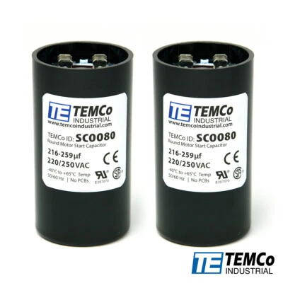 TEMCo 216-259 uf/MFD 220-250 VAC volts Round Start Capacitor 50/60 Hz -Lot-2