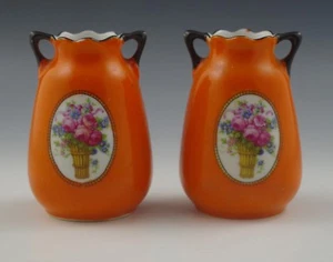 ANTIQUE ADOLF LAUFER TEPLITZ SET OF 2 MINI VASES -CAMEO ROSES  - Picture 1 of 5