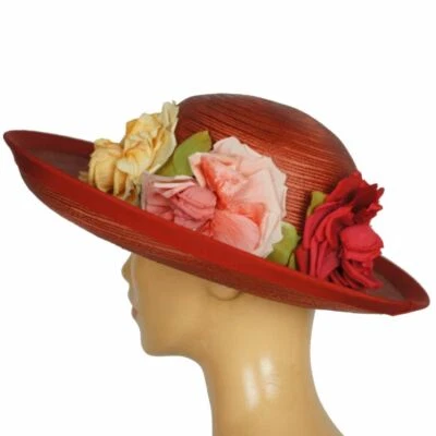 Vintage 1940s Red Straw Hat Wide Brim Flower Decoration Flore Deschamps Montreal - Image 1 of 4