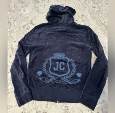 VINTAGE JUICY COUTURE WOMENS NAVY ZIP UP VELOUR HOODIE TRACK JACKET SIZE S Y2K - Image 1 of 4