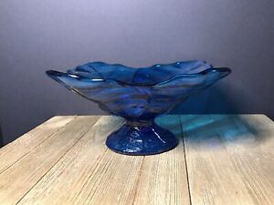 Viking Glass ~ Bluenique ~ Dark Aqua ~ Epic Cabbage Leaf Pedestal 8" Bowl