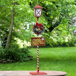 59" Tall Standing Iron Lantern with LED Lights and Wreath - Picture 1 of 4