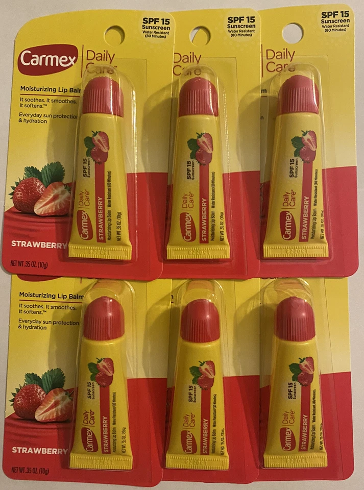 Lote de 6 piezas de bálsamo labial de fresa Carmex Mois .35 OZ analgésico externo Foto 1 de 1