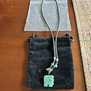 Hematite Beaded Necklace with Jade Colored Elephant Unisex - Picture 1 of 8