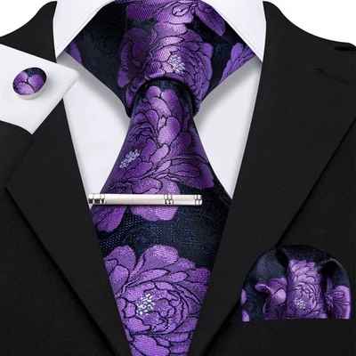 Corbata flor púrpura real para hombre corbata y pañuelo y gemelos y corbata conjunto regalo Foto 1 de 3