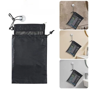Black Mesh Drawstring Drawer Wash Bag Lightweight Hanging Bath Bag  Bathroom - Picture 1 of 12