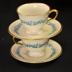 Pickard 2 Demitasse Cups & Saucers Pattern 3007-505 Blue Scrollwork w/Gold 1938+ - Picture 1 of 12