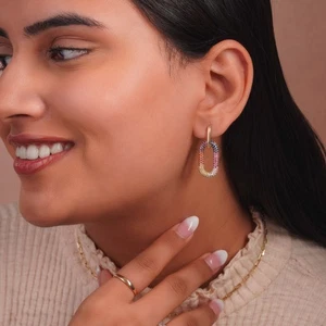 14K Gold Genuine Multi Sapphire Gemstone Paper Clip Huggie Hoop Earrings - Picture 1 of 7