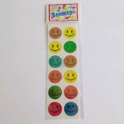vintage Metallic Iridescent Smiley Face sticker sheet Red Green Blue Yellow  - Image 1 of 3