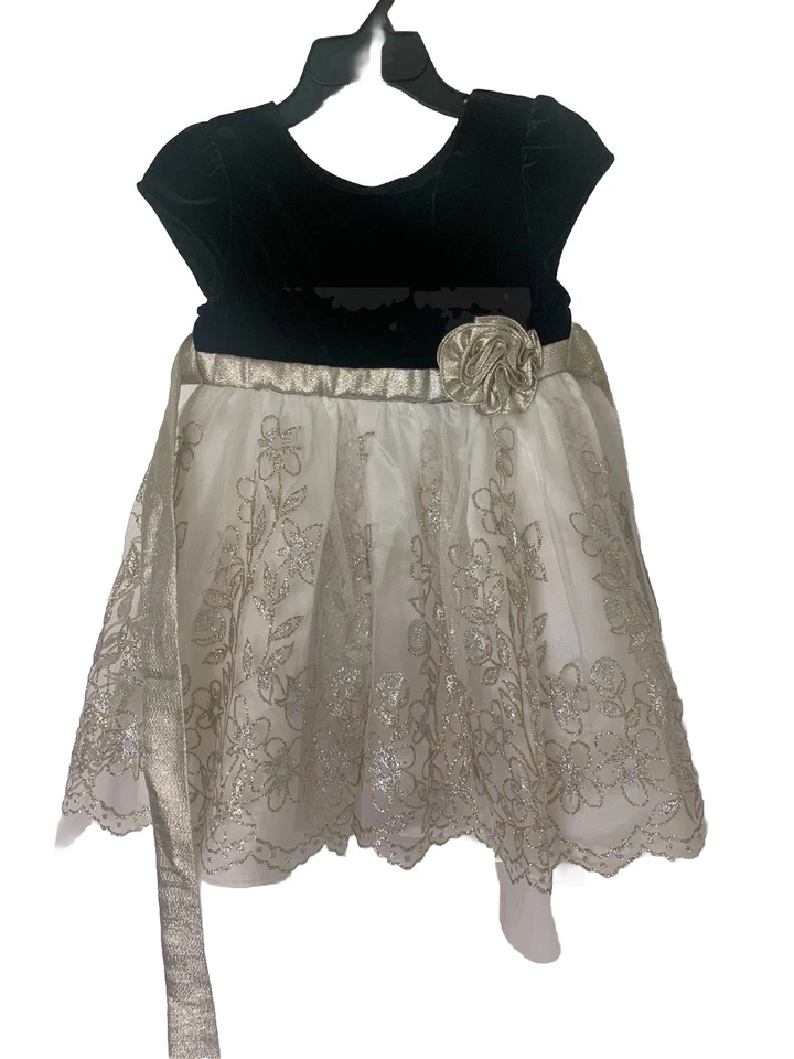 Vestido de vacaciones para bebé niña Jona Michelle dorado brillante plateado y negro terciopelo talla 2T Foto 1 de 4
