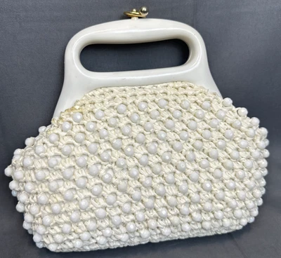 Cartera de Paja Rafia Blanca Gaymode Años 60 Bloqueo de Beso Mango de Celuloide Italia 9"x8" Foto 1 de 4