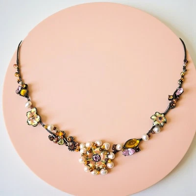 Colar de flores esmaltadas floral pérola falsa cristal estilo vintage ajustável 16-19" - Imagem 1 de 4