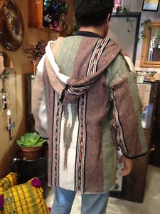 Vintage WOOL Baja Hoodie Mexican Poncho Small-Medium Handwoven Backstrap Loom - Picture 1 of 11