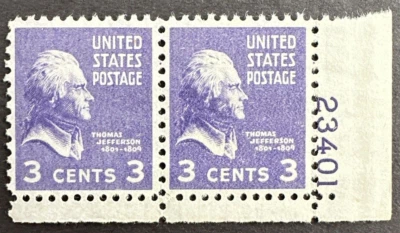 US 1938 Scott #807 Plate # Joint Pair MNH OG Jefferson Presidental Issue. - Image 1 of 2