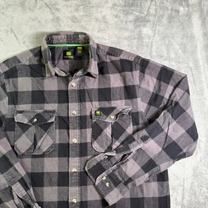 John Deere Flannel Shirt Plaid Button Up Workwear Long Sleeve Gray Black L - Picture 1 of 8