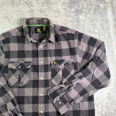 John Deere Flannel Shirt Plaid Button Up Workwear Long Sleeve Gray Black L - Image 1 of 4