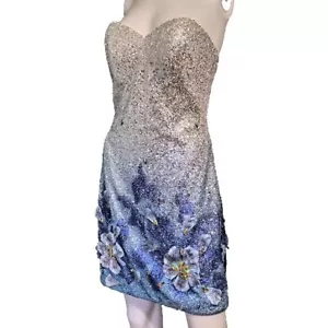 Tony Bowls Cocktail kurzes Kleid Pailletten Blumen Abschlussball Abend silber blau Größe 8 - Bild 1 von 17
