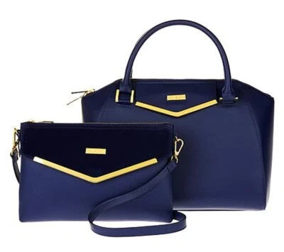 JOY & IMAN Cartera y Bolso de Mano de Cuero de Alta Costura con Detalle de Terciopelo Conjunto Azul Marino $89 Foto 1 de 4