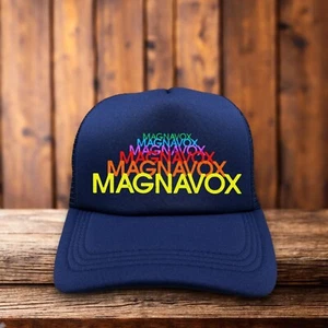 Magnavox Mens Trucker Hat Navy Snapback Retro Defunct Logo Nostalgic Ball Cap - Picture 1 of 7