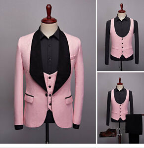 Men Jacquard 3Pc Set Suit Vest Business Formal Dress Set Suits for Host Emcee