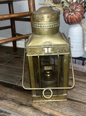 Antique Viking Brass Ship Lantern,Nautical Oil Lamp, Maritime , Patina 15.5 Inch - Image 1 of 4