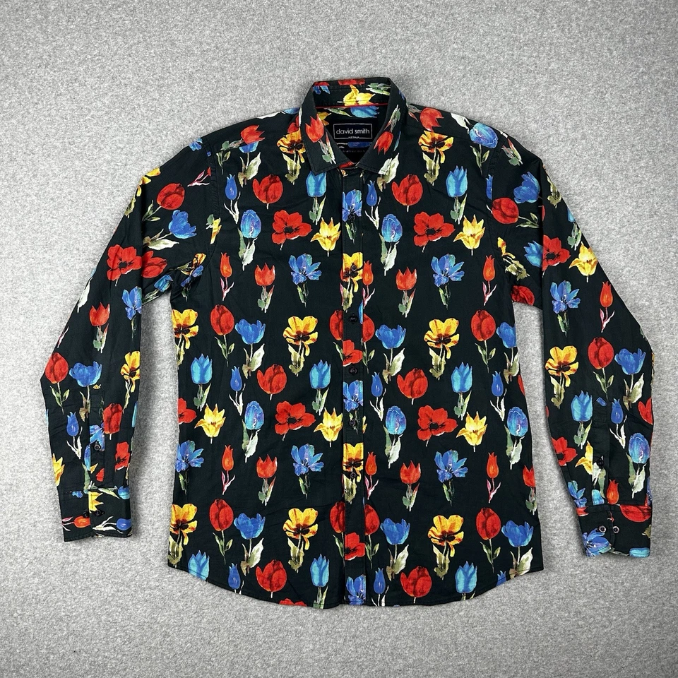 Camisa David Smith Hombres Manga Larga Talla XL Delgada Negra Estampado Floral Fiesta Hawaiana Foto 1 de 4
