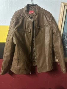 Men’s GUESS Los Angeles Brown Leather Bomber Jacket Size XL - Picture 1 of 12