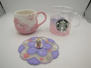Starbucks Lote de 2 Taza Taza Sakura Rosa Pétalo Flor de Cerezo Gatito Gato con Tapa - Imagen 1 de 13