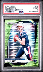 2024 Panini Prizm Drake Maye #329 Neon Green Pulsar RC PSA 9 Patriots - Picture 1 of 2