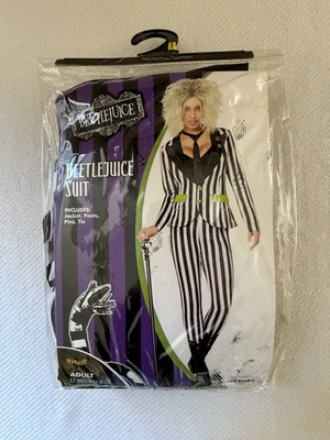 Traje Beetlejuice Mujer Adulto Halloween Disfraz Chaqueta Pantalones Corbata M 8-10 LEER Foto 1 de 4