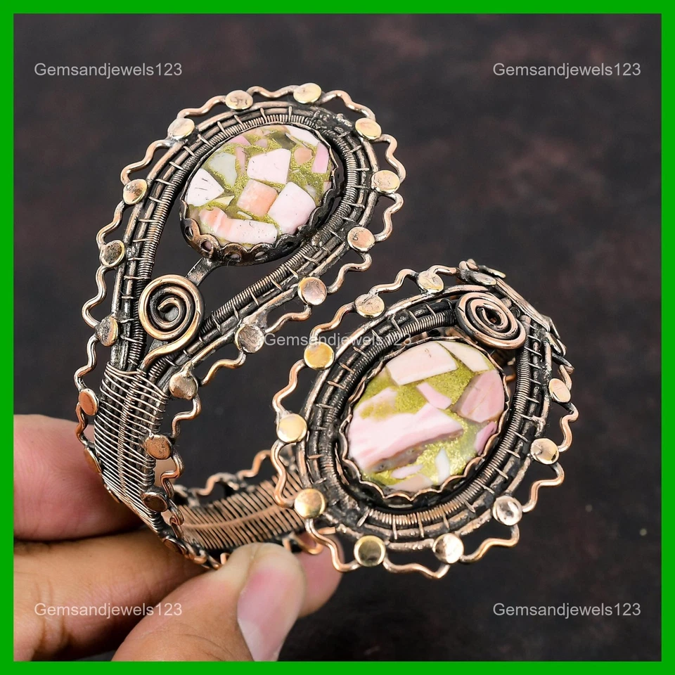 Овальный натуральный медный розовый опал этнический ручной работы богемная проволока обернутый браслет медь - Изображение 1 из 4