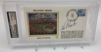LOU BROCK PSA AUTO Authentic FIRST DAY COVER BUSCH STADIUM Signed CARDINALS HOF - Image 1 of 4