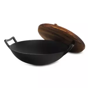 NEW MegaChef 14 Inch Heavy Duty Cast Iron Wok with Wood Lid,Free Shipping - Picture 1 of 8
