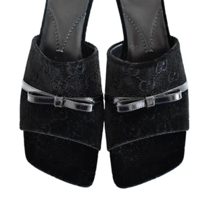 🆕️GUCCI Black VELVET GG Pattern LEATHER BOW SLIDE Sandals Mules EU-38.5 US-8 - Picture 1 of 13