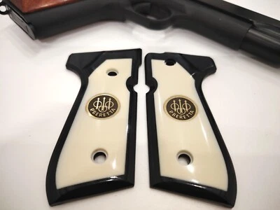 Bonded ivory beretta 92 fs grips inlay gold metal medallion black wood Altamont