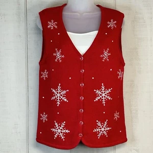 Womens Holiday Sweater Vest Size S Knit Snowflakes Sequin Beads Embroidered Red - Picture 1 of 11