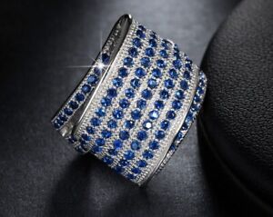 18k White Gold Plated Lab-Created Blue Sapphire Big Cocktail Ring Gorgeous