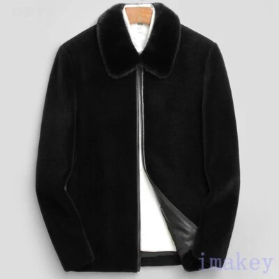 Mens Real Shearling Wool Leather Fur Coats Short Jacket Lapel Outwear Winter Zip - Image 1 of 4