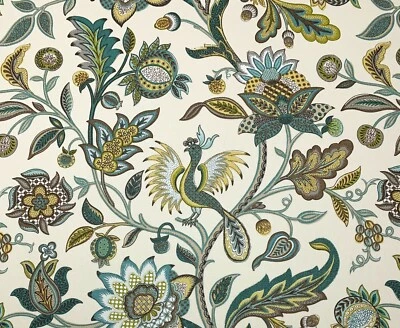 P KAUFMANN DREAM CATCHER NILE BLUE BIRD JACOBEAN FLORAL LINEN FABRIC BTY 54"W - Image 1 of 4