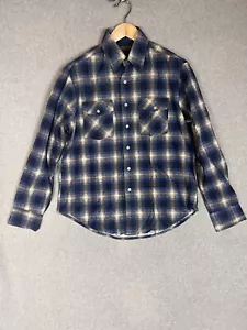 Vintage Woodland Plaid Flannel Shirt Mens Button Blue Long Sleeve Size L 90s - Picture 1 of 7